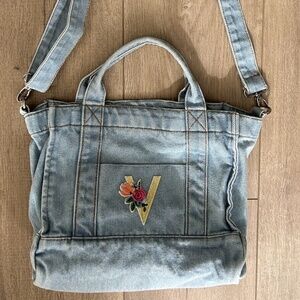 Women Denim Tote Bag with Floral embroidered patch